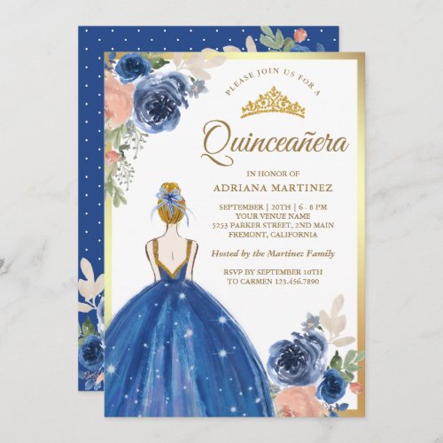 Royal Blue Floral Dress Princess Gold Quinceanera Invitation