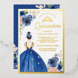 Royal Blue Floral Dress Princess Quinceanera Gold Foil Invitation
