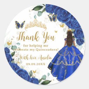Royal Blue Floral Dress Quinceañera Vintage Gold Classic Round Sticker