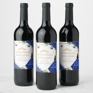 Royal Blue Floral Dress Quinceañera Vintage Gold Wine Label