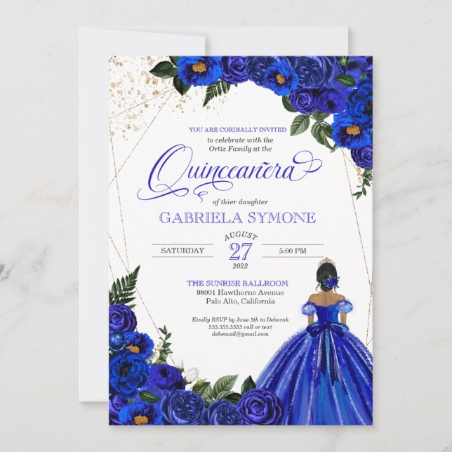 Royal Blue Floral Elegant Dress Gown Quinceanera Invitation (Front)