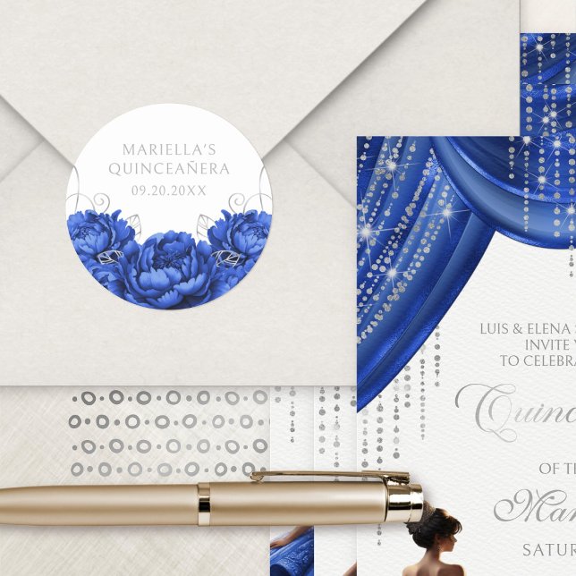 Royal Blue Floral Elegant Quinceanera Classic Round Sticker (Creator Uploaded)