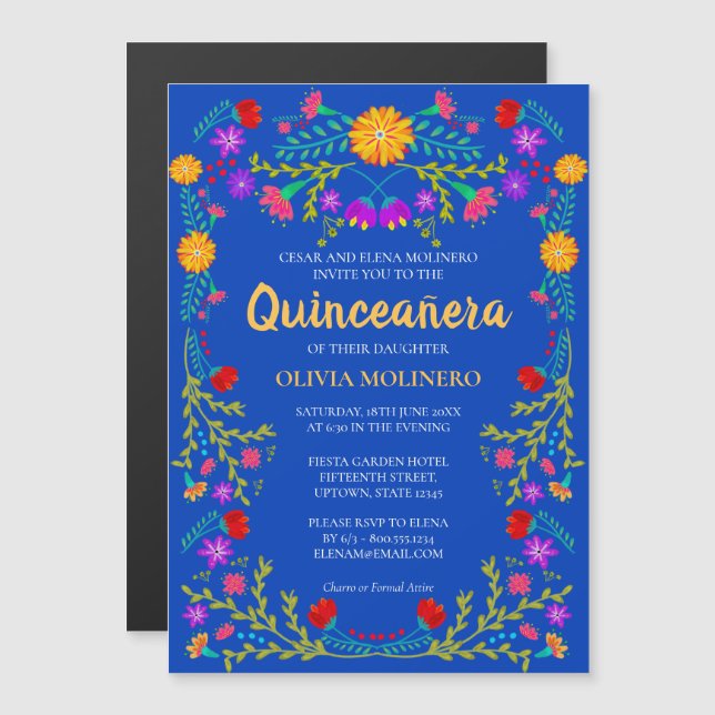 Royal Blue Floral Folk Art Mexican Quinceanera Magnetic Invitation (Front/Back)