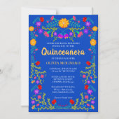 Royal Blue Floral Folk Art Mexican Quinceanera Magnetic Invitation (Front)