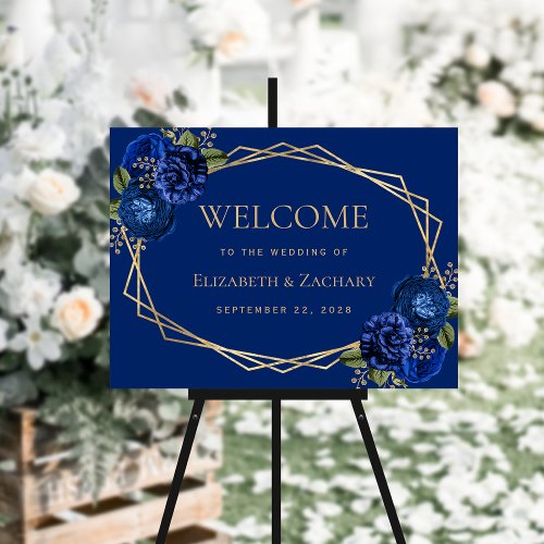 Royal Blue Floral Geometric Gold Wedding Welcome Foam Board