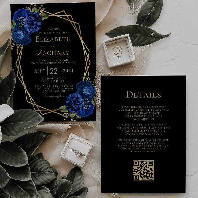 Royal Blue Floral Gold Black QR Code Wedding Invitation (Creator Uploaded)