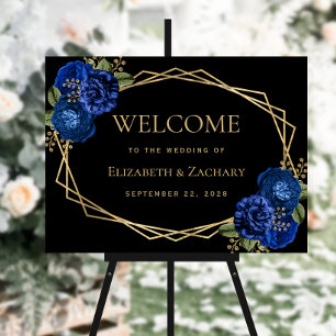 Royal Blue Floral Gold Black Wedding Welcome Sign