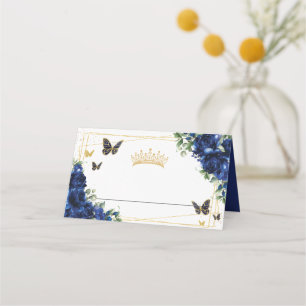 Royal Blue Floral Gold Butterflies Quinceañera 15 Place Card