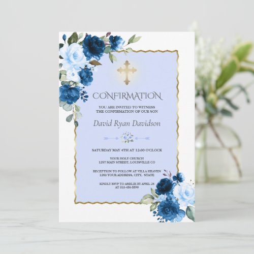 Royal Blue Floral Gold Cross Boy Confirmation 