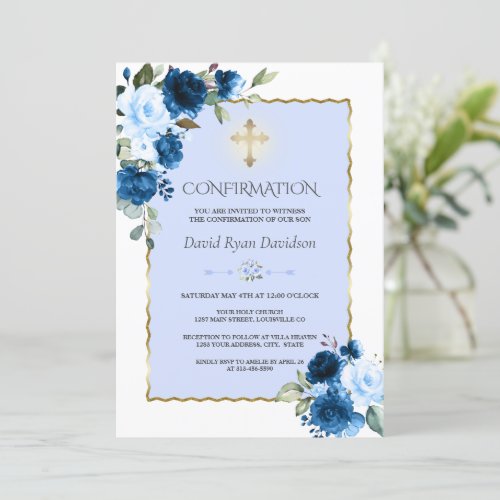 Royal Blue Floral Gold Cross Boy Confirmation  Invitation