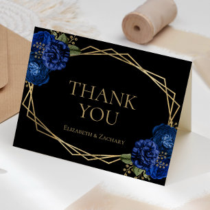 Royal Blue Floral Gold Geometric Black Wedding Letterpress Thank You Card