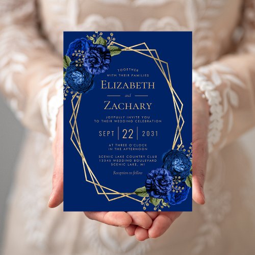 Royal Blue Floral Gold Geometric Wedding Invitation