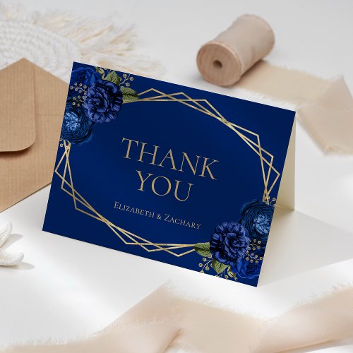 Royal Blue Floral Gold Geometric Wedding Thank You Card