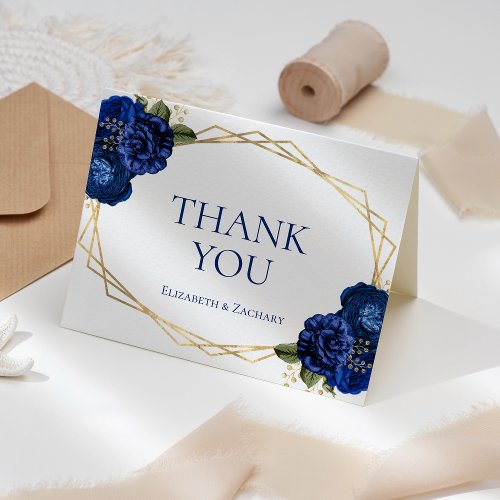 Royal Blue Floral Gold Geometric White Wedding Thank You Card