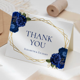 Royal Blue Floral Gold Geometric White Wedding Thank You Card