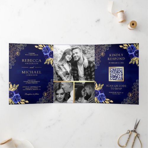 Royal Blue Floral Gold Lace QR Code Wedding Tri_Fold Invitation
