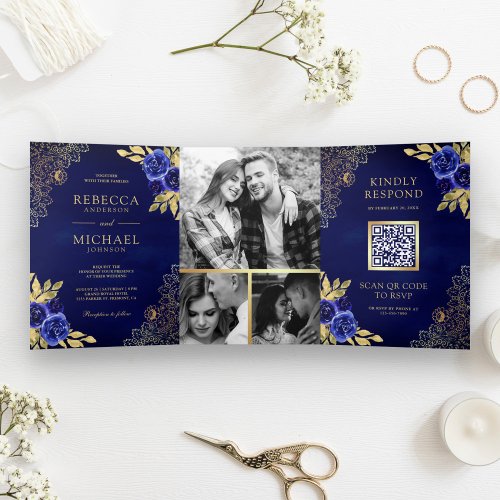 Royal Blue Floral Gold Lace QR Code Wedding Tri_Fold Invitation