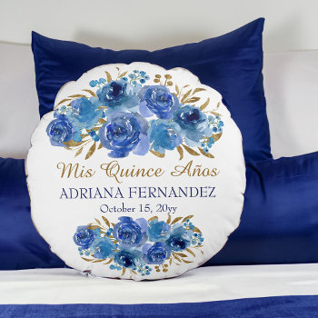 Royal Blue Floral Gold Leaf Quinceanera Keepsake Round Pillow by darlingandmay at Zazzle
