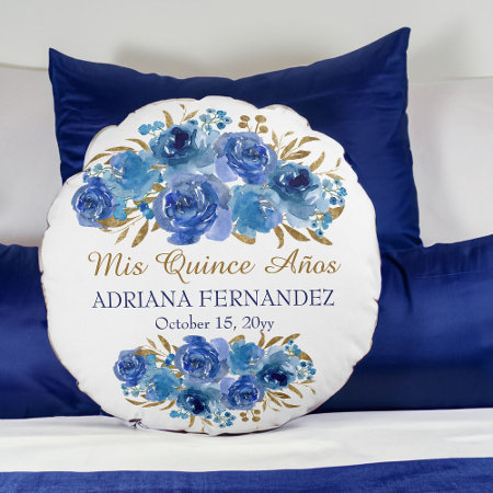 Royal Blue Floral Gold Leaf Quinceanera Keepsake Round Pillow