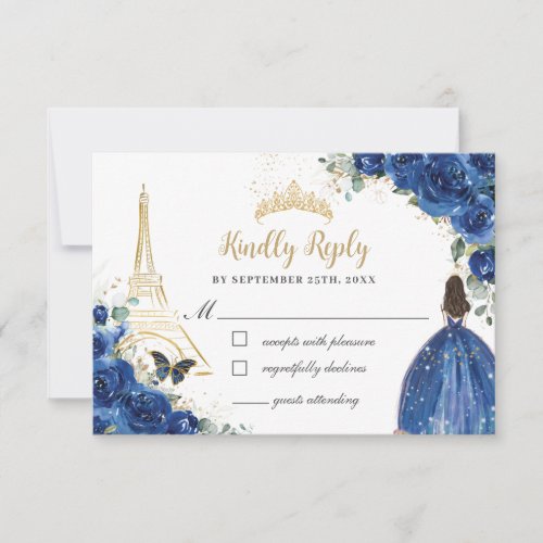 Royal Blue Floral Gold Paris Princess Quinceaera RSVP Card