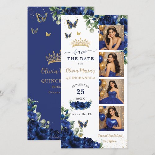 Royal Blue Floral Gold Photo Booth Quinceanera Save The Date
