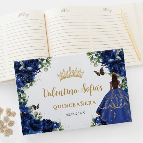 Royal Blue Floral Gold Princess Dress Quinceanera Guest Book