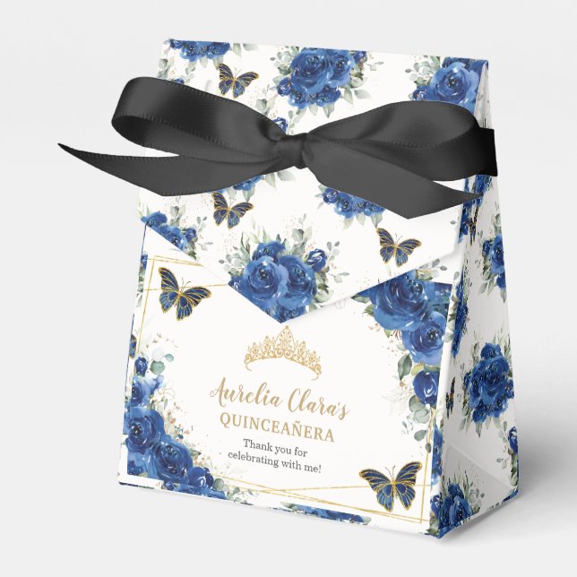 Royal Blue Floral Gold Quinceañera 16 Butterflies Favor Boxes (Front Side)