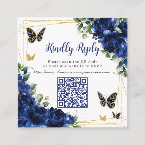 Royal Blue Floral Gold Quinceaera 16 QR Code RSVP Enclosure Card