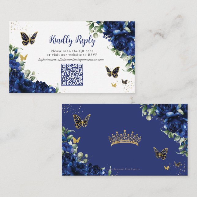 Royal Blue Floral Gold Quinceañera 16 QR Code RSVP Enclosure Card (Front/Back)