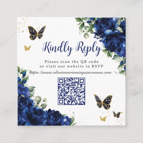 Royal Blue Floral Gold Quinceanera 16 QR Code RSVP