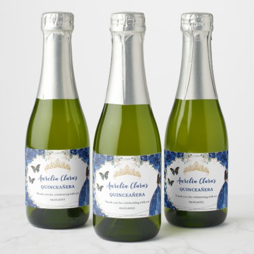 Royal Blue Floral Gold Quinceaera Birthday Sparkling Wine Label