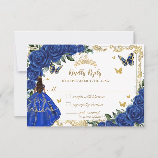 Royal Blue Floral Gold Quinceañera Brown Princess RSVP Card (Front)