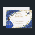 Royal Blue Floral Gold Quinceañera Brown Princess RSVP Card<br><div class="desc">Personalize these chic rsvp cards with your details easily and quickly, Simply click the "Edit Using Design Tool" button to modify the text, wording, font style, font size, and font color. You can also add or remove text, and move or remove images. The butterflies, quince girl and crown are movable,...</div>