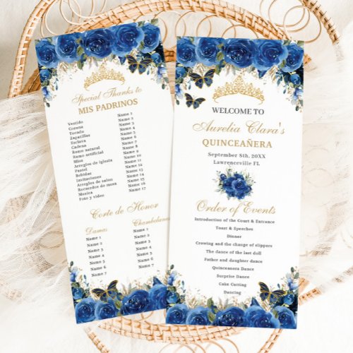 Royal Blue Floral Gold Quinceaera Order of Events Program