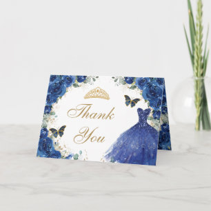 Royal Blue Floral Gold Quinceanera Princess Dress Letterpress Thank You Card
