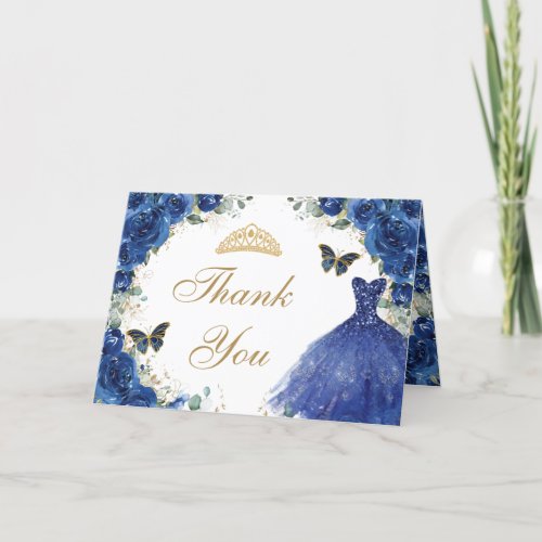 Royal Blue Floral Gold Quinceanera Princess Dress  Thank You Card
