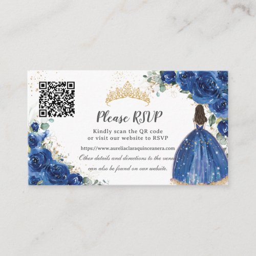 Royal Blue Floral Gold Quinceaera QR Code Enclosure Card