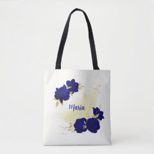 royal blue floral gold tote bag