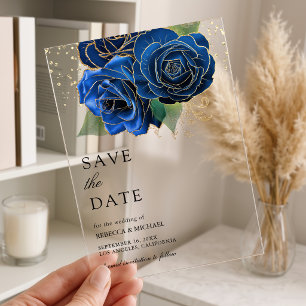 Royal Blue Floral Gold Wedding Save the Date