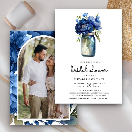 Royal Blue Floral Mason Jar Photo Bridal Shower Invitation