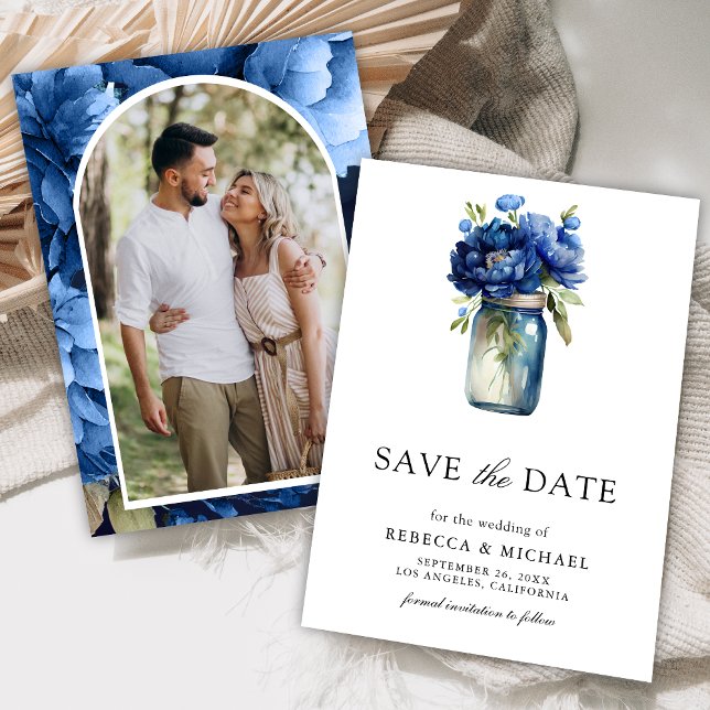 Royal Blue Floral Mason Jar Photo Wedding Save The Date (Creator Uploaded)