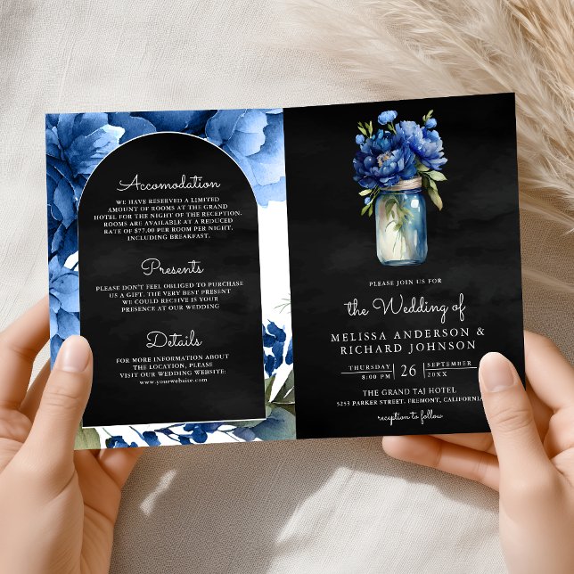 Royal Blue Floral Mason Jar QR Code Black Wedding Invitation (Creator Uploaded)