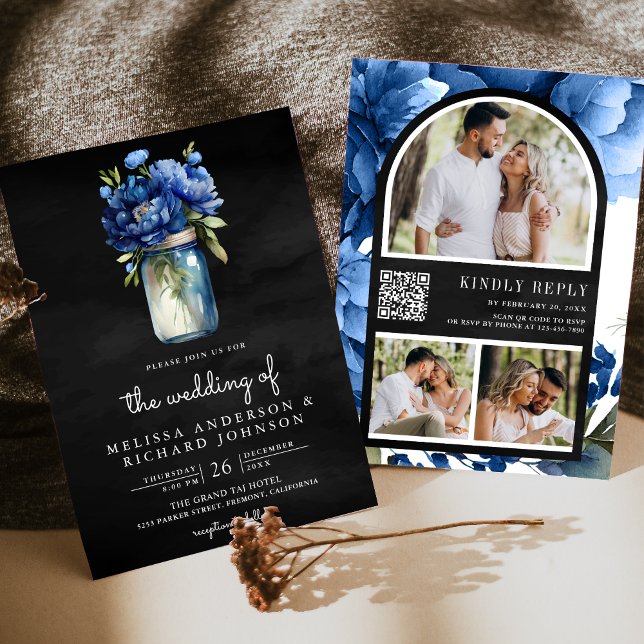 Royal Blue Floral Mason Jar QR Code Black Wedding Invitation (Creator Uploaded)