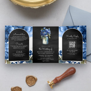 Royal Blue Floral Mason Jar QR Code Black Wedding Tri-Fold Invitation