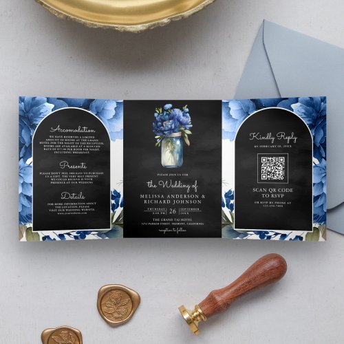 Royal Blue Floral Mason Jar QR Code Black Wedding Tri_Fold Invitation