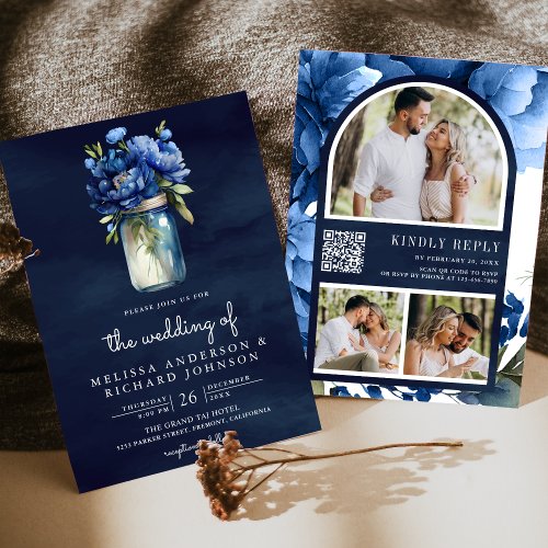 Royal Blue Floral Mason Jar QR Code Navy Wedding Invitation