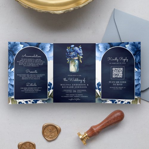 Royal Blue Floral Mason Jar QR Code Navy Wedding Tri_Fold Invitation
