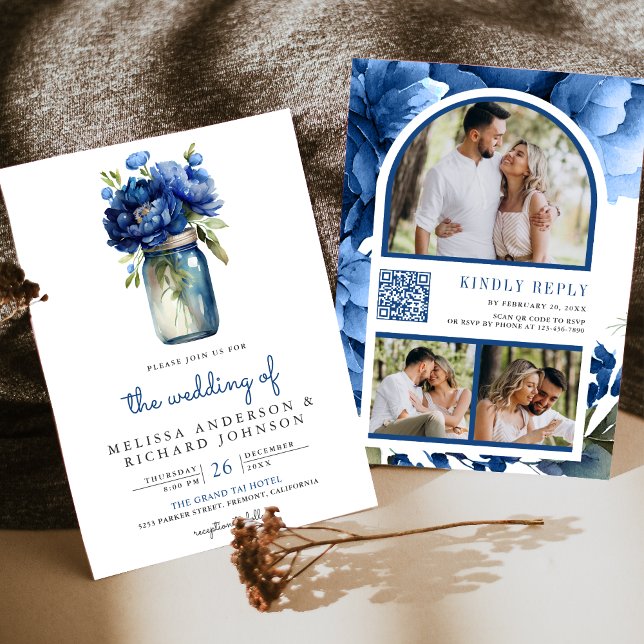 Royal Blue Floral Mason Jar QR Code Wedding Invitation (Creator Uploaded)