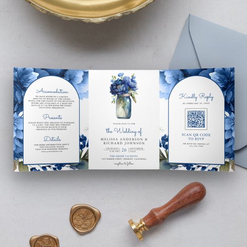 Royal Blue Floral Mason Jar QR Code Wedding Tri_Fold Invitation