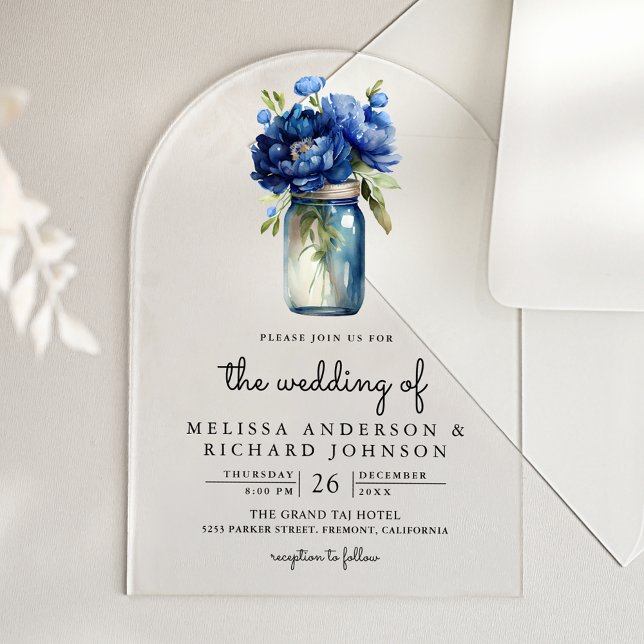 Royal Blue Floral Mason Jar Wedding Acrylic Invitations (Creator Uploaded)